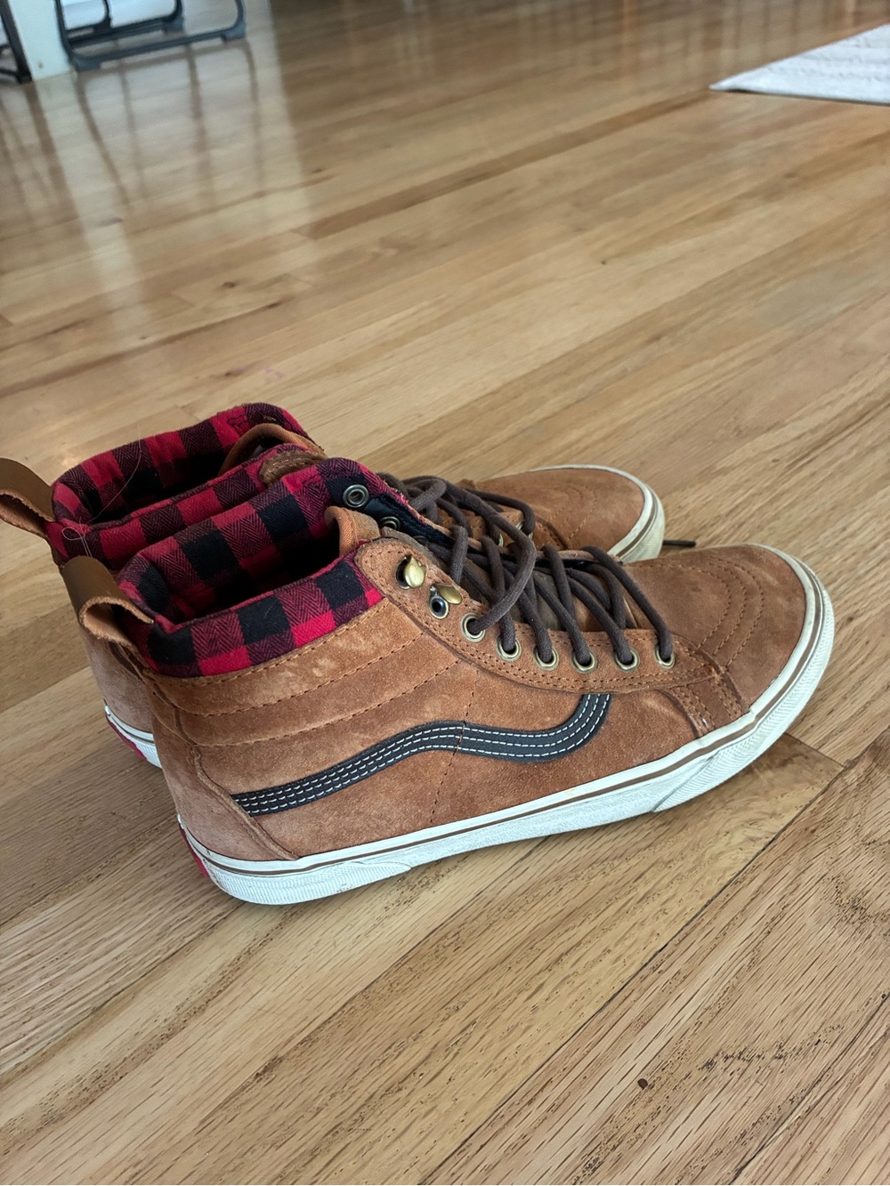 Men's Vans Brown High-Top Casual Sneakers with Red Plaid Collar